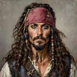 oil painting Portrait of a beautiful middle aged male pirate with long curly dark salt and pepper hair and long curly beard, detailed, symmetrical, intricate, elegant, highly detailed, digital painting, artstation, concept art, smooth, sharp focus, illustration, art by artgerm and greg rutkowski and alphonse mucha, daily deviation, IAMAG, masterpiece portrait
