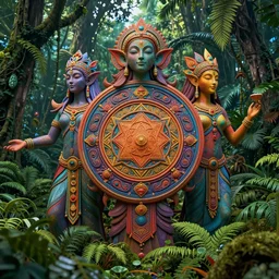 spirit guardians of the bush in lush rainforest, sacred geometry details, by jean giraud, coherent, psychedelic, hyper realism, high detail, vivid colors, octane render, unreal engine, 8 k, smooth gradients, high contrast, depth of field by jacek yerka