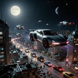 flying cars in a traffic accident in a Russian cyberpunk slum city called Neo Norilsk on the Moon, at night, diverse, lively, black sky full of stars, blinding sun, sci-fi, lots of flying cars, levitation, cyberpunk outfits, photorealistic, grainy, 35mm, intricate, very very beautiful, elegant, smooth, cinematic, Unreal Engine 5, by Beeple, trending on Artstation HD