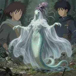 concept designs for an ethereal ghostly wraith like snake mermaid with a squid like parasite latched onto its head and long tentacle arms that flow lazily but gracefully at its sides like a cloak, art by yuji ikehata and satoshi kon, background art by miyazaki, realism, proper human male proportions, fully clothed, for resident evil village video game franchise with inspiration from the franchise bloodborne