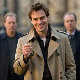 portrait of beautiful jean dujardin as the artist, charismatic smiling thief, with a light brown trench coat and a cigarette, in dresden files movie, hd, by artgerm and edgar maxence and rob rey