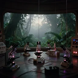 film still, 1 9 8 0 s science fiction, ridley scott, hardware science room with microscopes and strange laser devices, cables hanging from ceiling, detailed, hi - res film scan, dark atmosphere, outside through the window thick lush moist foggy jungle, dawn, curious light