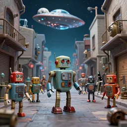 anime cartoon bauhaus geometric style of 1 9 5 0 s scifi, tin toy robots, ufo, flying saucer, moon, meninblack, steampunk, alley, streets, walter sickert, earl norem, depth of field, hyperrealistic, octane render detailed and intricate environment