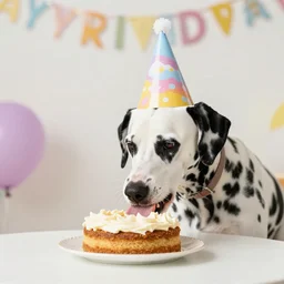 photo of dalmatian dog with birthday hat eating a birthday cake