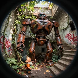 wholesome animation key shot, fish eye lens, intricate, man dwarfed by rusty robot schwerer gustav!!!!, vines, abandoned, dappled light, red graffiti, stairs, dandelion seeds, lake, ambient occlusion, studio ghibli, pixar, disney concept art watercolor illustration by craig mullins, dean cornwell, nc wyeth, satoshi kon!