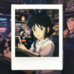a full body polaroid portrait of a 1 9 8 0's disney girl 1 2 working at a 1 2 4 vinyl stall ( eyes turned to side ), finely detailed features, closeup at the faces, perfect art, busy cyberpunk city, gapmoe yandere grimdark, trending on pixiv fanbox, painted by ilya kushinov makoto shinkai takashi takeuchi studio ghibli, akihiko yoshida,