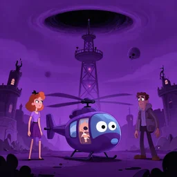 abigail larson, don bluth, artgerm, joshua middleton, purple color pallete, welcome to night vale, radio tower with black hole above it, helicopter, spooky strange weird quirky, cartoon, 2 d, chiral lighting