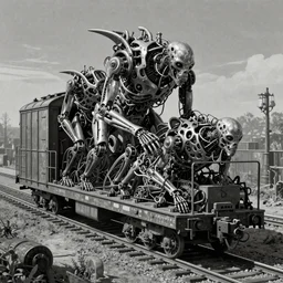 human clones loaded onto a boxcar, biomechanical railroad, highly detailed, War Photography, Pushead art, by H.R. Giger