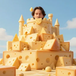 keanu reeves overwhelmed by too much cheese, futuristic, cheese mountain, castle of cheese, covered in cheese, bees
