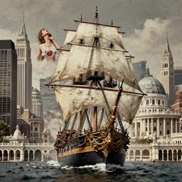 chaotic, funereal by inna mosina. a collage of a tall ship sailing through a cityscape. the ship is adorned with intricate details, while the cityscape is filled with towering palaces & other grand buildings.