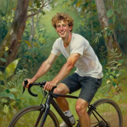 kayne sitting on cyclo, inside a tropical forest, daylight happy mood, aged oil painting by le pho