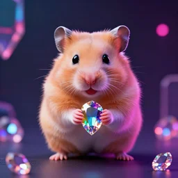 cyberpunk hamster! holding rainbow! gem! crystal, neon lights, light reflection, 8 k, hd