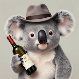 portrait of a koala artist with a hat and holding a wine bottle, drunk, award winning art, nft - style art, cartoon, detailed