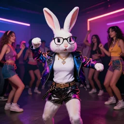 A bunny rabbit wearing glasses dancing at a rave dressed fashionably, with neon lights and many people dancing around him. Ultra-realistic. 4K.