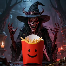 a witchcraft demonic version of a happy meal in hell, horrific, 8 k, octane render, volumetric lighting, hdr, hyperrealsitic, hieronymous bosch hr giger moebius yasushi nirasawa style