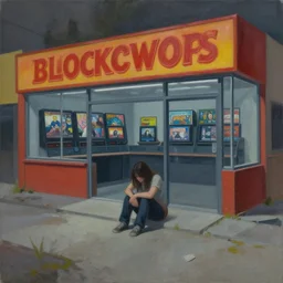 painting of an abandoned blockbuster video store by lilia alvarado, sad, depressing