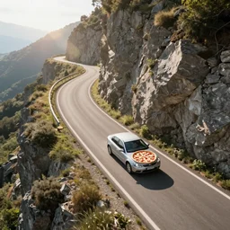 A car made out of pizza driving on a winding road by a cliff in Italy. Aerial view. Commercial photoshoot, dynamic angle, sun flare.