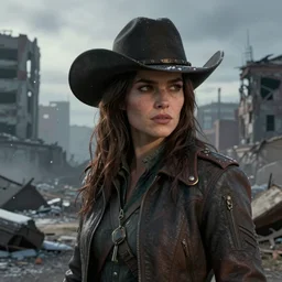 fallout 5, charismatic beautiful, rugged, brunette female protagonist wearing a cowboy - hat, portrait, outdoors ruined cityscape, atmospheric lighting, painted, intricate, volumetric lighting, beautiful, daytime, harsh winter weather, sharp focus, cold, deep colours, ultra detailed, by leesha hannigan, ross tran, thierry doizon, kai carpenter, ignacio fernandez rios