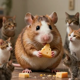 8, photo, emma watson as anthropomorphic furry - rat, 2 8 6 5 5, she is a real huge fat rat with rat body, cats! are around, eating cheese, highly detailed, intricate details