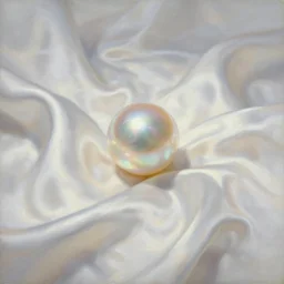 a beautiful painting of a singular pearl, shining its pearlescence across a tumultuous field of satin luminescent folds by greg rutkowski and thomas kinkade, trending on artstation.