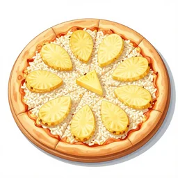 a pizza with rice, potato slices and pieces of pineapple