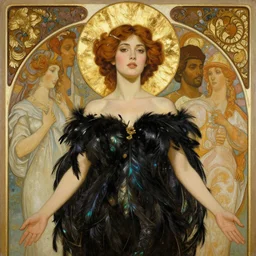 portrait painting of a stunning proud empress, artstation, mymodernmet, by soey milk, by sangsoo jeong, by brad kunkle, by amir ershadi, by ben enwonwu, by alphonse mucha, gold foil aureola, black dress of iridescent feathers, divine, saint, mixed media