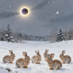 a snowy landscape in the middle of a blizzard with a solar eclipse in the background and a pack of fluffy brown rabbits in the foreground. featured on art station. landscape painting.