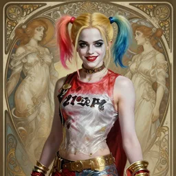Emma Watson as harley quinn, harley quinn costume, cute, fantasy, intricate, elegant, highly detailed, digital painting, 4k, HDR, concept art, smooth, sharp focus, illustration, art by artgerm and H R Giger and alphonse mucha
