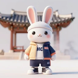 3d render of a rabbit wearing streetwear clothes in seoul
