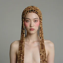 medium format fine art portrait mid shot minimal fashion model marine vacth by reza nia, nick knight, amy judd, jil sander romantic heavenly elite style, beautiful perfect koinophilia face veiled by natural wood beads headdress, blush beauty makeup, studio, golden ratio, mamiya 6 5 mm, iso 4 0 0, f / 5. 6, studio lighting, studio, flat neutral tone, sharp focus, fine detail, stunning matte painting