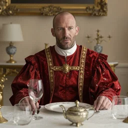 jason statham cast as dijkstra in the witcher netflix series wearing soft red fabric aristocratic clothing, large outfit, royal attire, sitting at dining table, shaved head