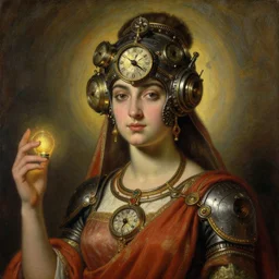 detailed potrait of hindu traditional woman with high - tech steam punk clock face armour, girl graceful,, painting by gaston bussiere, craig mullins, j. c. leyendecker, lights, art by ernst haeckel, john william godward, hammershøi,,