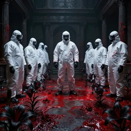 a eerie bright horror movie Palace full of black lily interior ground covered in red slime mold, hazmat troops standing in line, realistic, highly detailed, 4k, photography, octane
