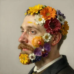 a man's face in profile, beard, made of flowers and fruit, in the style of the dutch masters and gregory crewdson, light and happy