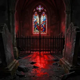 old graveyard, gian snake mouth chapel floor, red light inside, stained glass, broken gate, black rocks, epic fantasy, colorfully, digital art, concept art, detailed illustration, hd, 4 k, very contrasty, very crisp, digital art, by anato finnstark trending on artstation