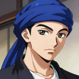 A young man wearing a blue turban, beardless, shaven face, middle-eastern, in the style of Persona 5, Persona 5, Persona 5 artwork