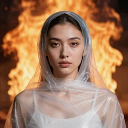 a closeup portrait of a woman wrapped in plastic, standing in front of jupiter on fire, color photograph, by vincent desiderio, canon eos c 3 0 0, ƒ 1. 8, 3 5 mm, 8 k, medium - format print
