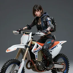 cool girl wearing cyberpunk intricate streetwear riding dirt bike, beautiful, detailed portrait, cell shaded, 4 k, concept art, by wlop, ilya kuvshinov, artgerm, krenz cushart, greg rutkowski, pixiv. cinematic dramatic atmosphere, sharp focus, volumetric lighting, cinematic lighting, studio quality