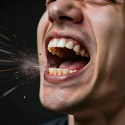 a high speed 3 5 mm photograph of a man being hit in the jaw. teeth fly everywhere