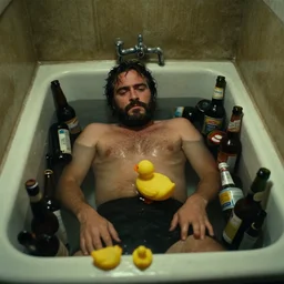 the top shot of the old bathroom where drunk bearded joaquin phoenix lying in many empty beer bottles in the water, yellow duck, still shot from the movie of stanley kubrick with cinematography of christopher doyle, dark old room, anamorphic, kodak film, sharp focus, realistic, 8 k