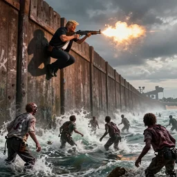 Donald Trump firing a minigun into waves of Mexican zombies attempting to illegally climb over his giant Mexican border wall