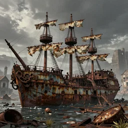 apocalyptic, ruined town. rusted pirate ship. volumetric lighting, sharp focus, ultra detailed, cgsociety - w 1 0 2 4 - n 8 - i