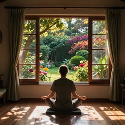 meditative room in the warm morning sunlight with windows showing a beautiful garden, serene, colorful