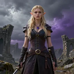 a slim elf from dragon age, ancient ruins in background, storm sky, gradient gray to purple, by nick thornborrow