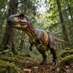 a dinosaur with the head of a cat, slightly furry, in a forest, full body, wide angle