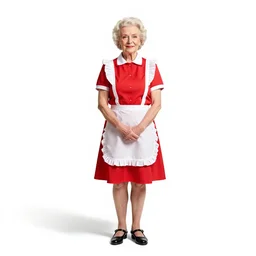 elderly 1950s diner waitress, photorealistic portrait photography, full body, standing, isolated on a pure white background, centered, whole figure in frame, sharp focus, studio lighting