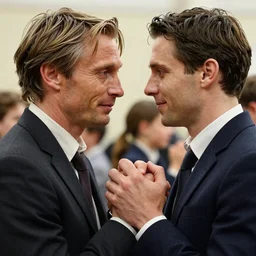 close up portrait of Mads Mikkelsen and Hugh Dancy holding hands romantically as they chaperone school dance by ((Zdzislaw Beksinski)), Michael Whelan, Bob Larkin and Tomer Hanuka, simple illustration, domestic, nostalgic, clean, Matte painting, trending on artstation and unreal engine, New Yorker magazine cover
