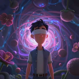 a wholesome animation key shot of a man going blind after discovering the most hidden secret of the universe, trippy, multiverse, abstract, medium shot, waist up, pixar and disney animation, sharp, rendered in unreal engine 5, anime key art by greg rutkowski, bloom, dramatic lighting
