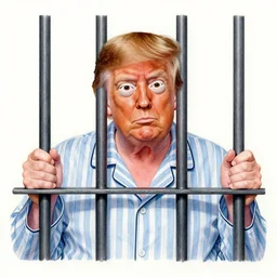a color ink drawing of donald trump with derp eyes being behind bars wearing a stripped pijama
