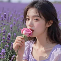 girl eating a rose in a lavender field. by AquaSixio, hyperrealistic illustration, digital art, 4k, very detailed faces